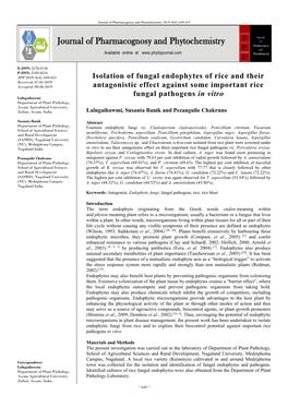 Isolation of Fungal Endophytes of Rice and Their Antagonistic Effect Against