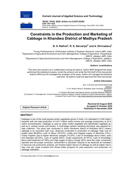 Constraints in the Production and Marketing of Cabbage in Khandwa District of Madhya Pradesh