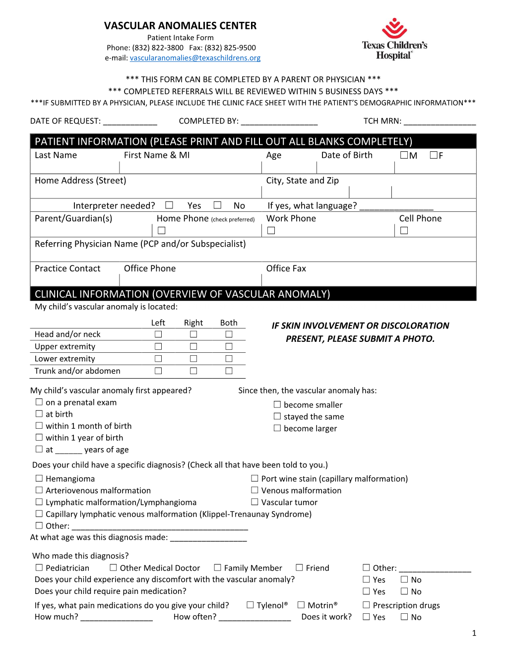 Vascular Anomalies Center Patient Information