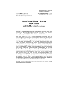 Anton Tomaž Linhart Between the German and the Slovenian Language