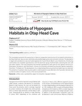 Microbiota of Hypogean Habitats in Otap Head Cave Journal of Environmental Research, Engineering and Management Received 2018/07 Accepted After Revision 2019/11 Vol