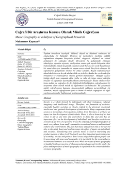 Coğrafi Bir Araştırma Konusu Olarak Müzik Coğrafyası, Coğrafi Bilimler Dergisi/ Turkish Journal of Geographical Sciences, 19(2), 00-00, Doi: 10.33688/Aucbd.875989