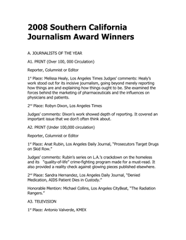 2008 Southern California Journalism Award Winners