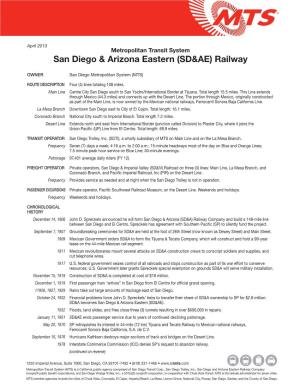 San Diego & Arizona Eastern (SD&AE) Railway Fact Sheet