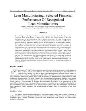 Lean Manufacturing: Selected Financial Performance of Recognized Lean Manufacturers Mehmet C