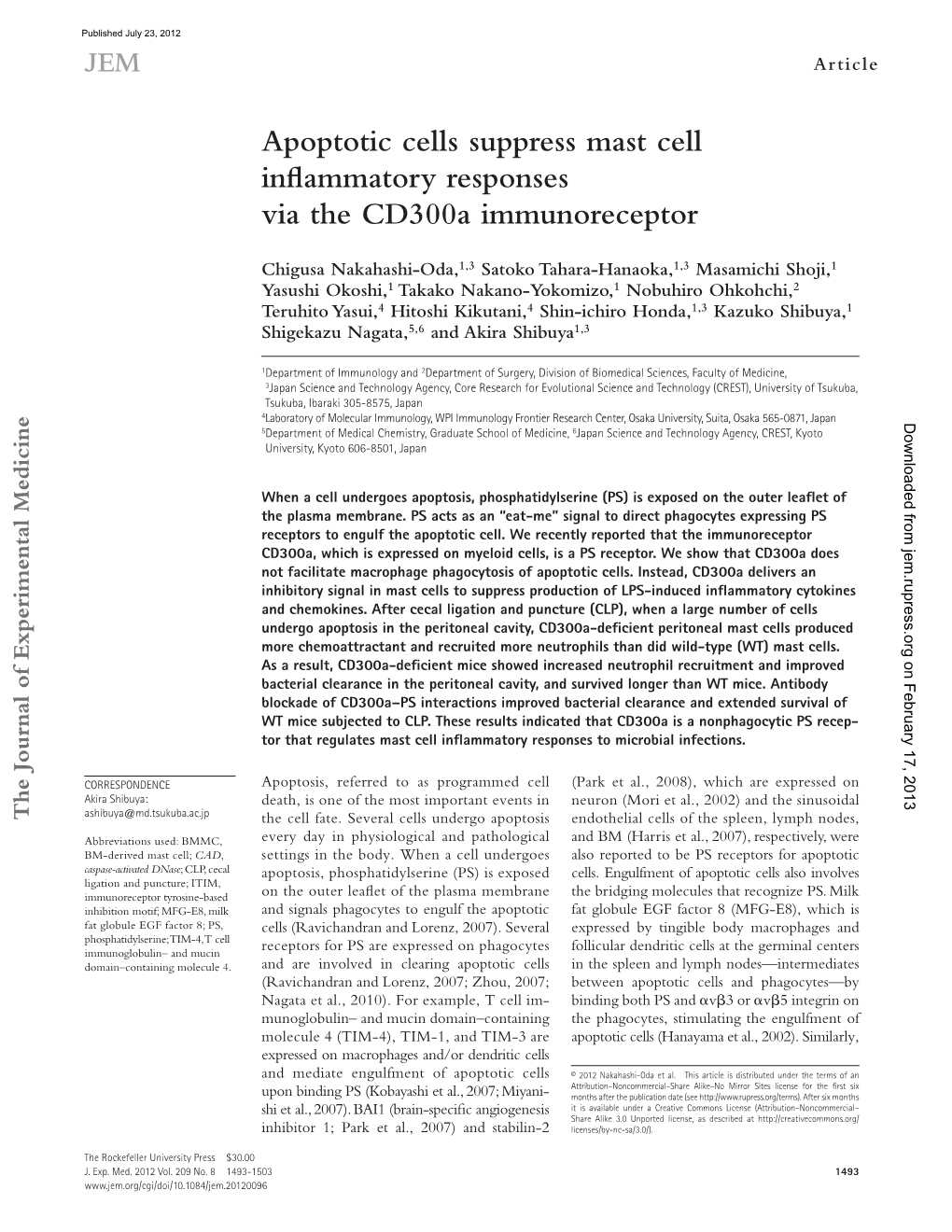 Apoptotic Cells Suppress Mast Cell Inflammatory Responses Via the Cd300a Immunoreceptor