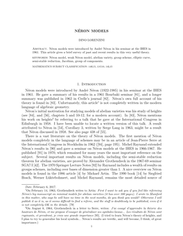 NÉRON MODELS 1. Introduction Néron Models Were Introduced by André Néron (1922-1985) in His Seminar at the IHES in 1961. He