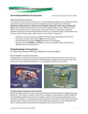 CDC Concussion Definition and Pathophysiology