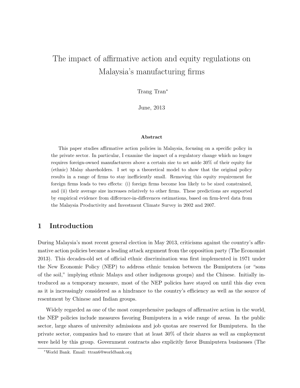 The Impact of Affirmative Action and Equity Regulations on Malaysia's Manufacturing Firms