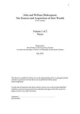 John and William Shakespeare the Sources and Acquisition of Their Wealth in Two Volumes