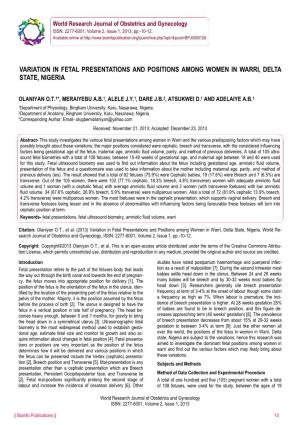 Variation in Fetal Presentations and Positions Among Women in Warri, Delta State, Nigeria