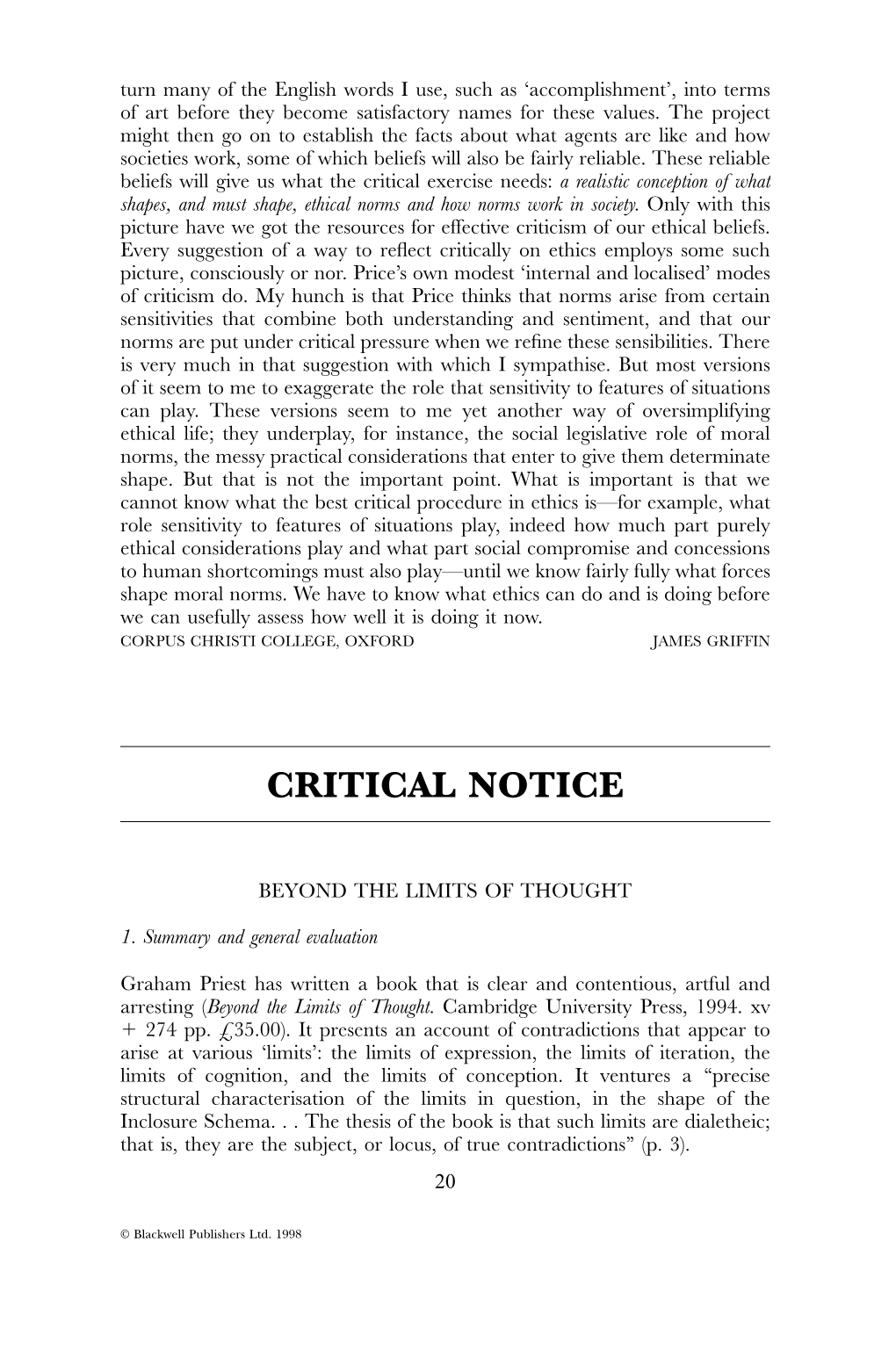 Critical Notice on G.Priest, Beyond the Limits of Thought, Cambridge