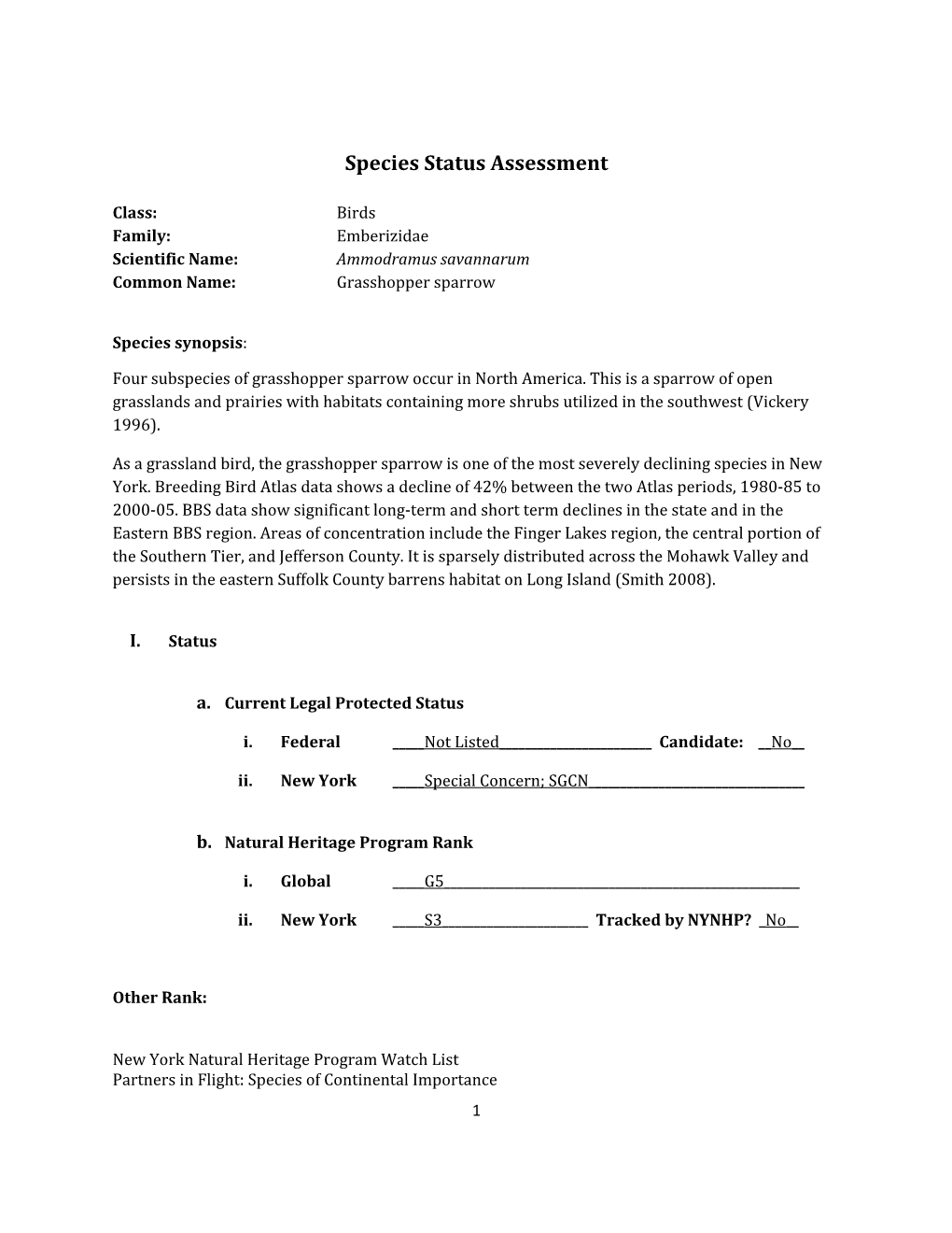 Species Assessment for Grasshopper Sparrow