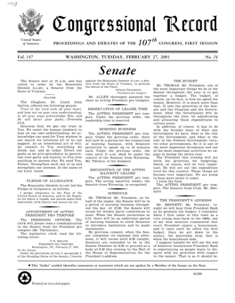 Congressional Record United States Th of America PROCEEDINGS and DEBATES of the 107 CONGRESS, FIRST SESSION