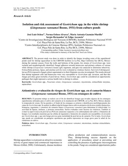 Isolation and Risk Assessment of Geotrichum Spp. in the White Shrimp (Litopenaeus Vannamei Boone, 1931) from Culture Ponds