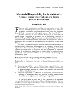 Ministerial Responsibility for Administrative Actions: Some Observations of a Public Service Practitioner