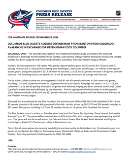 Columbus Blue Jackets Acquire Defenseman Ryan Stanton from Colorado Avalanche in Exchange for Defenseman Cody Goloubef