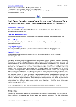 Bulk Water Suppliers in the City of Harare – an Endogenous Form of Privatisation of Urban Domestic Water Services in Zimbabwe? Water Alternatives 9(1): 56-80