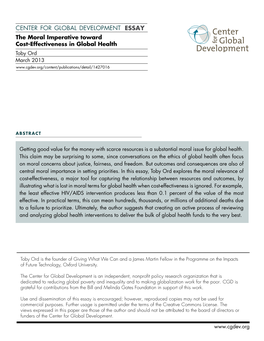 The Moral Imperative Toward Cost-Effectiveness in Global Health Toby Ord March 2013