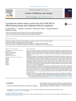 A Prospective Cohort Study to Assess the Role of FDG-PET in Differentiating Benign and Malignant Follicular Neoplasms