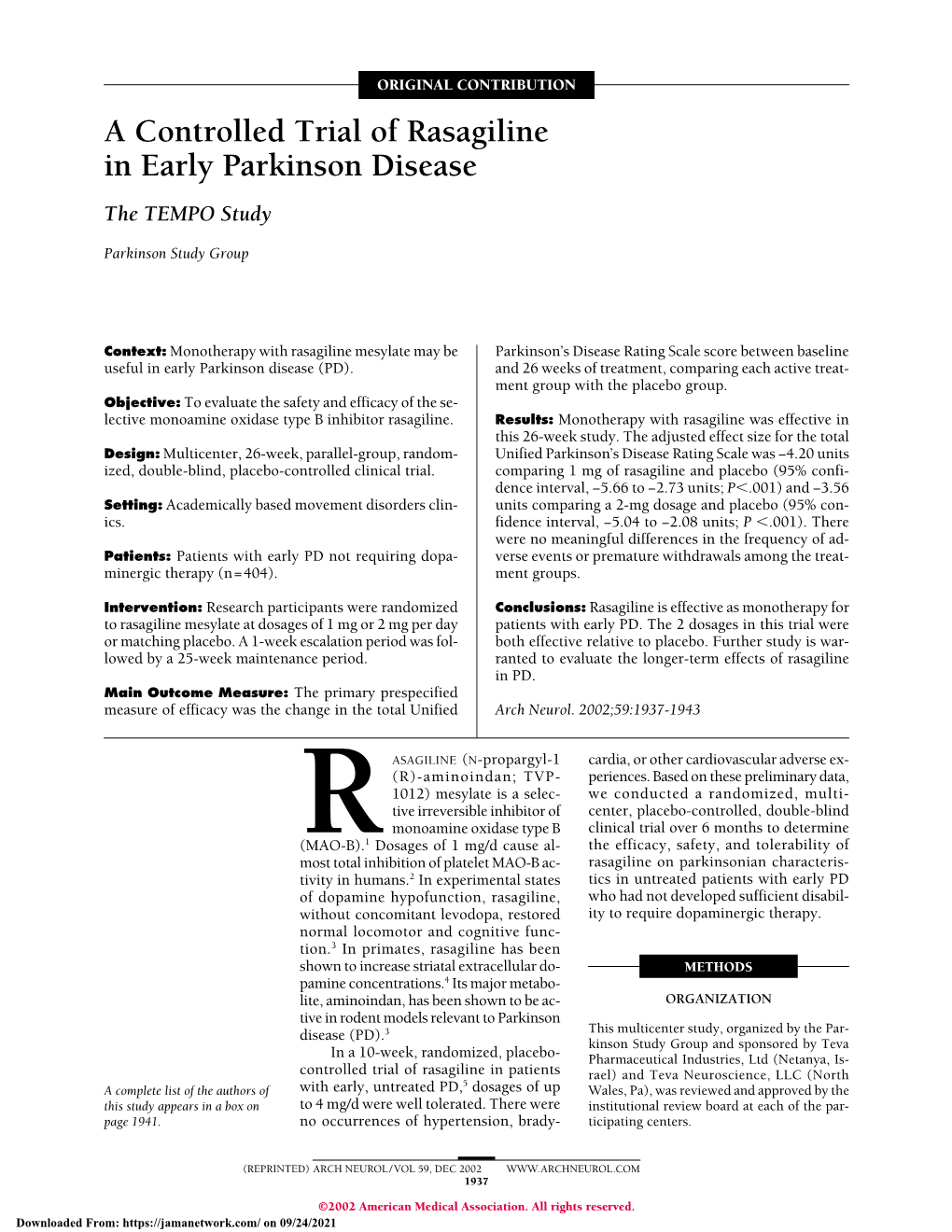 A Controlled Trial of Rasagiline in Early Parkinson Disease the TEMPO Study