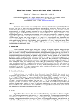 Plant-Water Demand Characteristics in the Alfisol, Zaria Nigeria