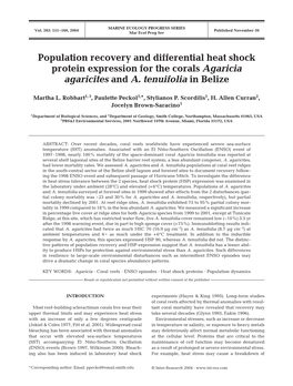 Population Recovery and Differential Heat Shock Protein Expression for the Corals Agaricia Agaricites and A. Tenuifolia in Belize