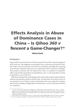 Effects Analysis in Abuse of Dominance Cases in China – Is Qihoo 360 V Tencent a Game-Changer?*