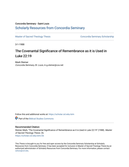 The Covenantal Significance of Remembrance As It Is Used in Luke 22:19