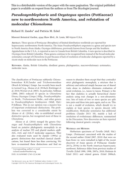 Pseudosymblepharis and Oxystegus Species (Pottiaceae) New to Northwestern North America, and Refutation of Molecular Chionoloma