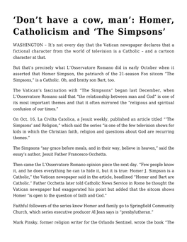 'Don't Have a Cow, Man': Homer, Catholicism and 'The Simpsons'