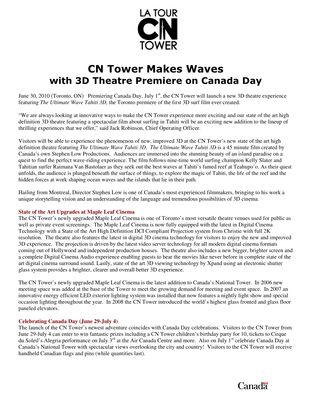 CN Tower Makes Waves with 3D Theatre Premiere on Canada Day