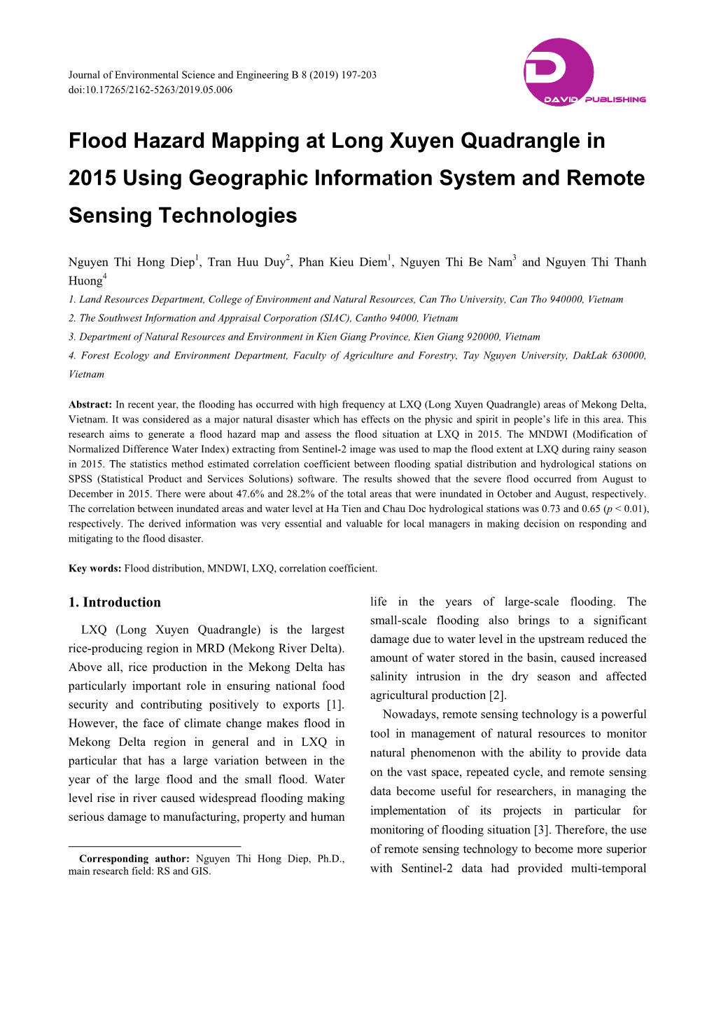 Flood Hazard Mapping at Long Xuyen Quadrangle in 2015 Using Geographic Information System and Remote Sensing Technologies