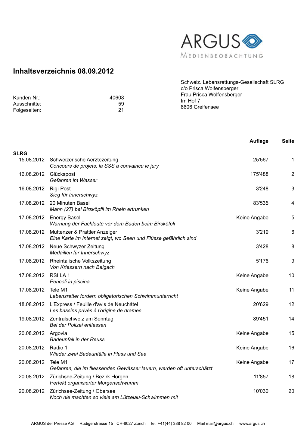 Inhaltsverzeichnis 08.09.2012 Schweiz