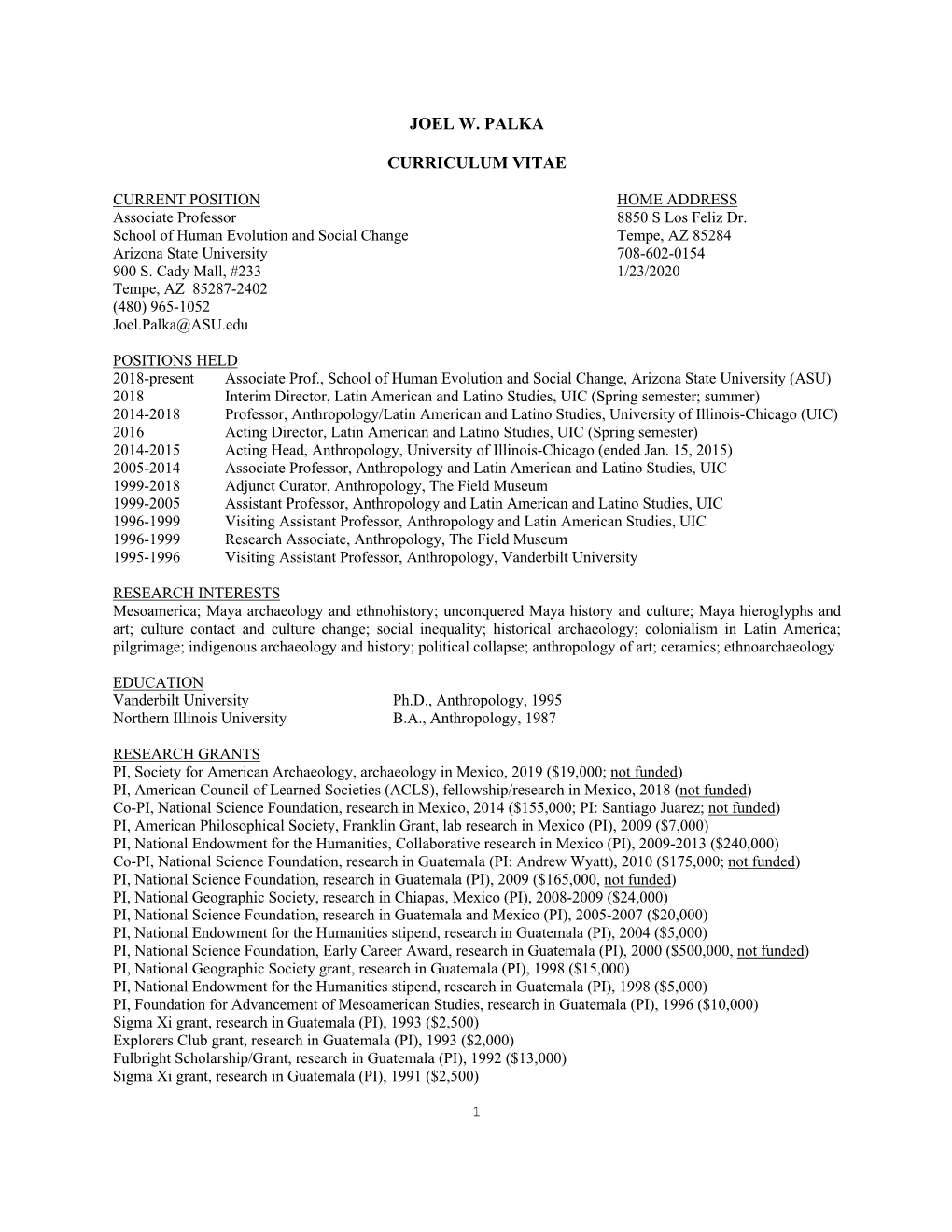 Joel W. Palka Curriculum Vitae