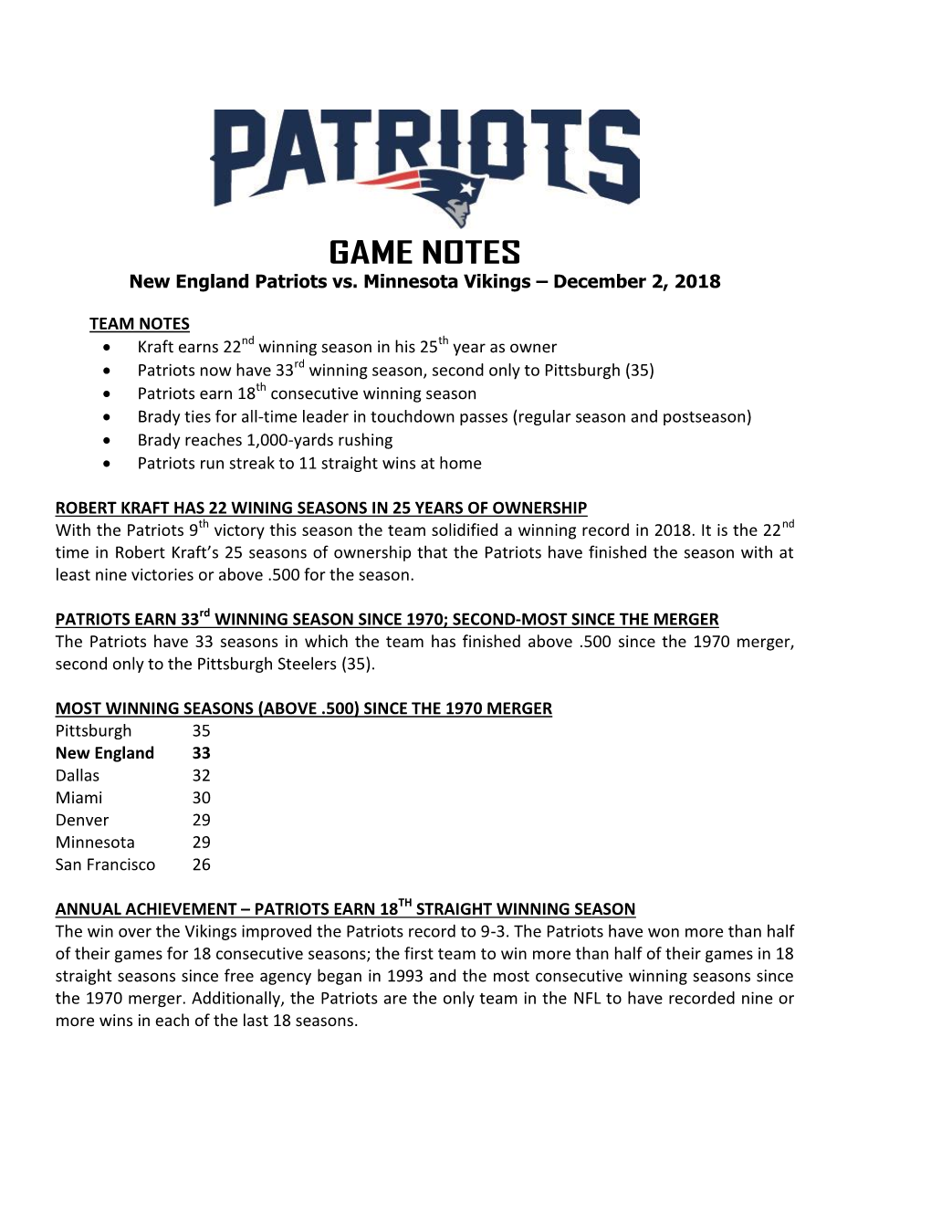 GAME NOTES New England Patriots Vs