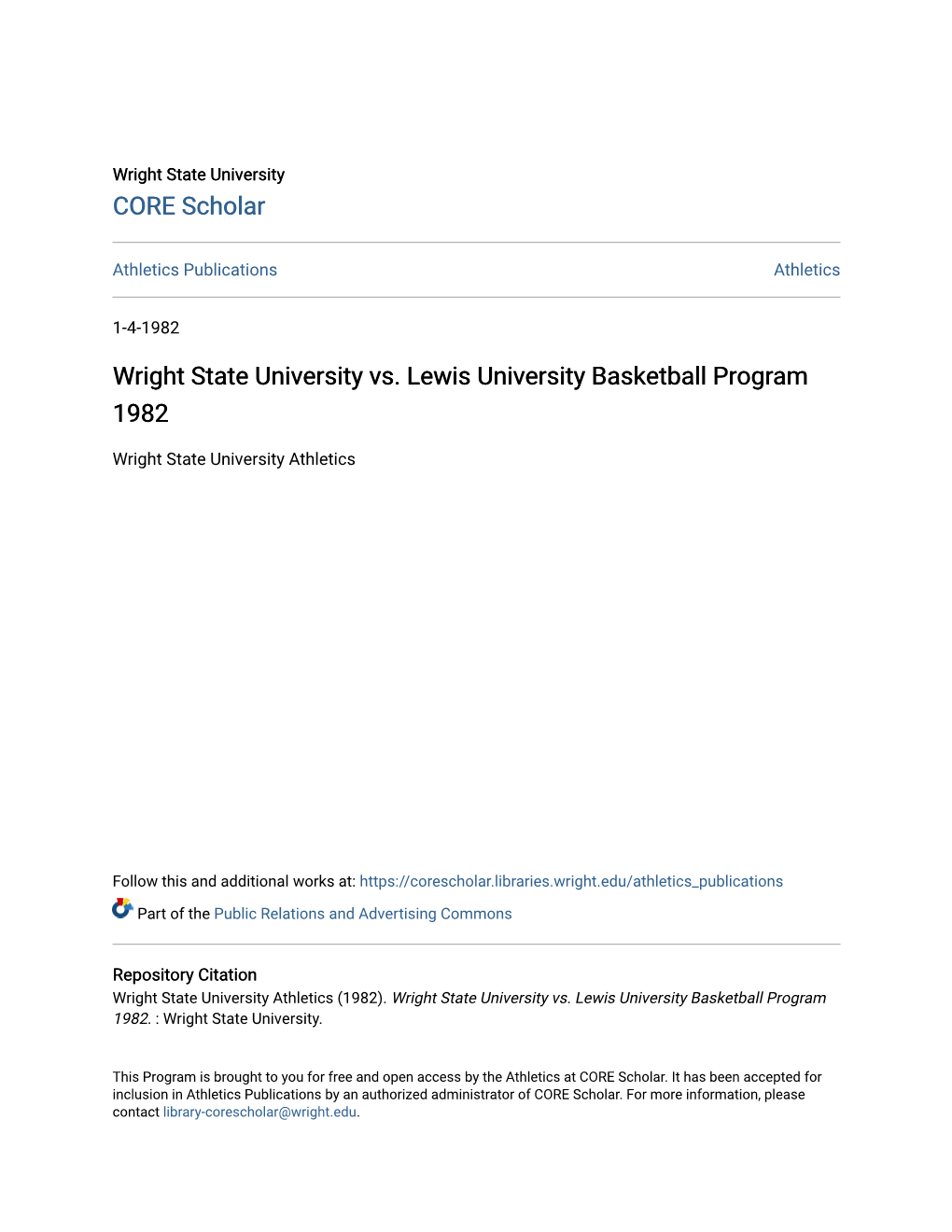 Wright State University Vs. Lewis University Basketball Program 1982
