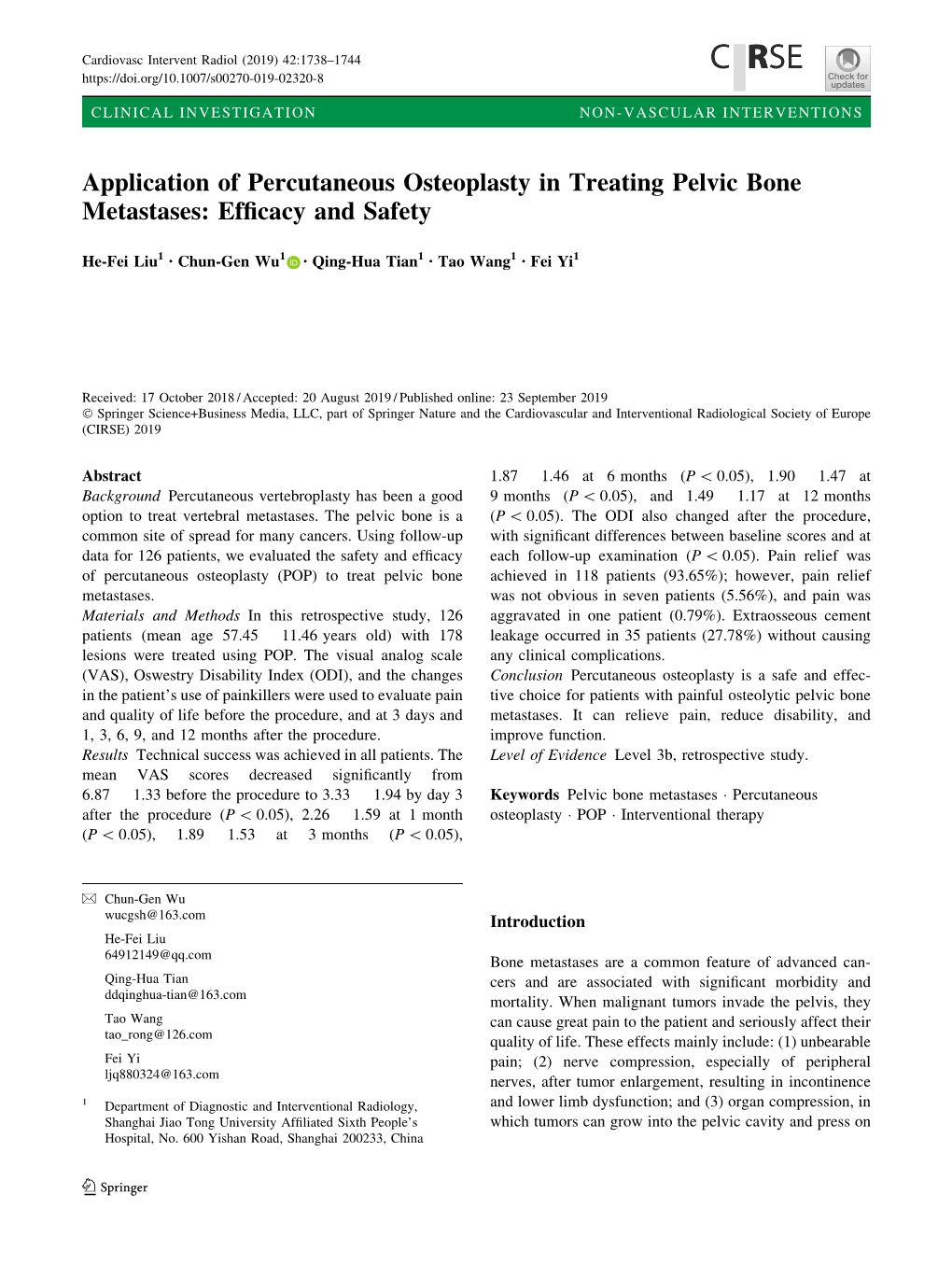 Application of Percutaneous Osteoplasty in Treating Pelvic Bone Metastases: Efﬁcacy and Safety