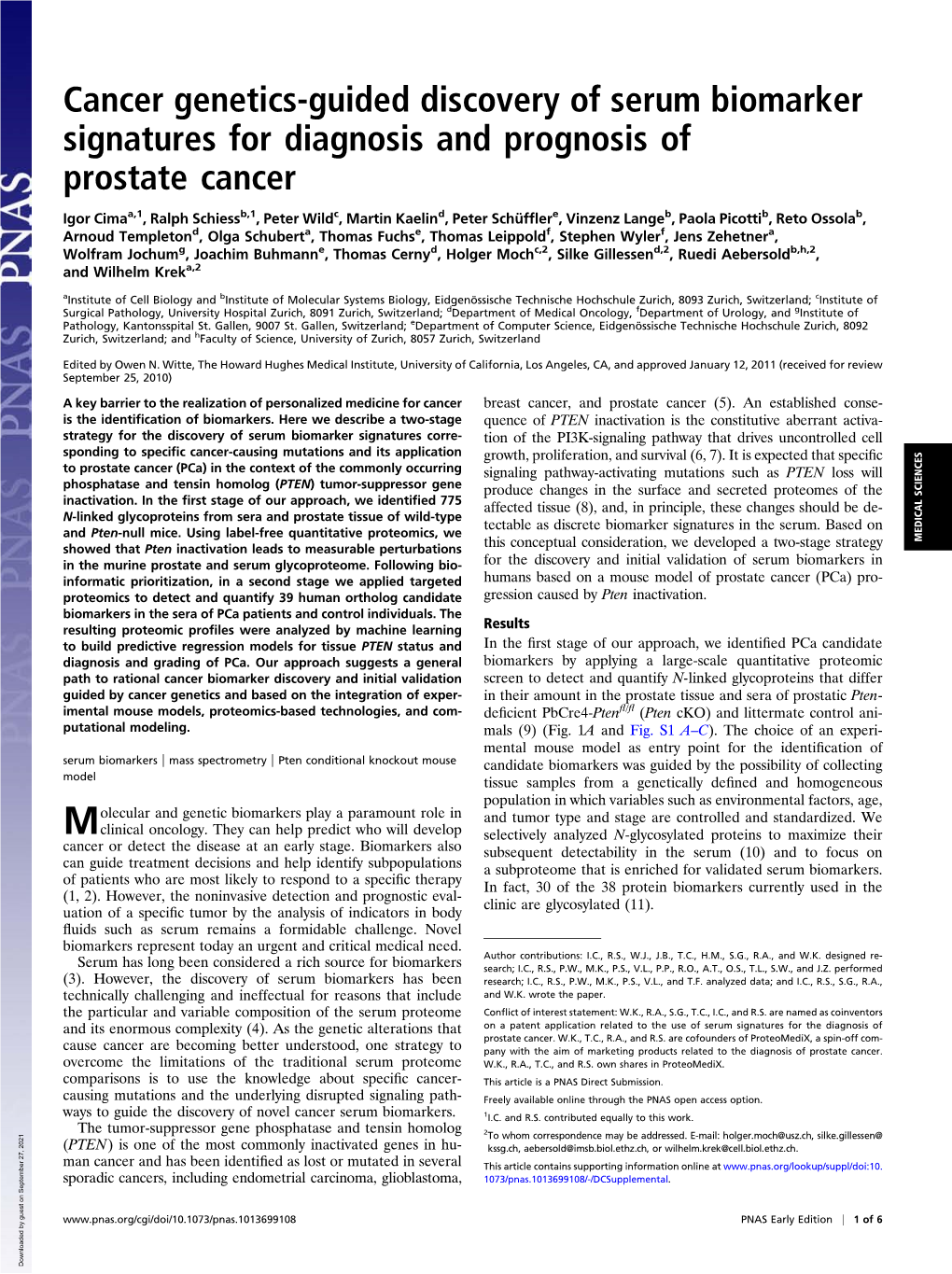 Cancer Genetics-Guided Discovery of Serum Biomarker Signatures for Diagnosis and Prognosis of Prostate Cancer