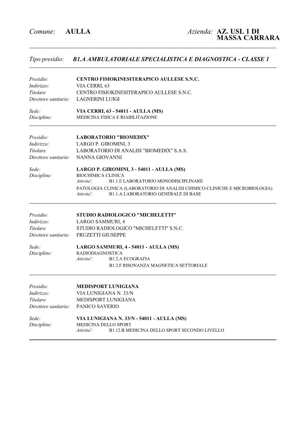 Comune: AULLA Azienda: AZ. USL 1 DI MASSA CARRARA