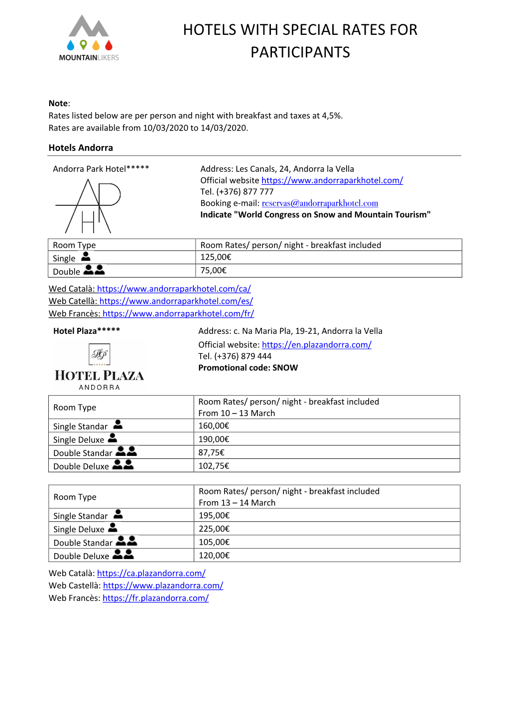 Hotels with Special Rates for Participants