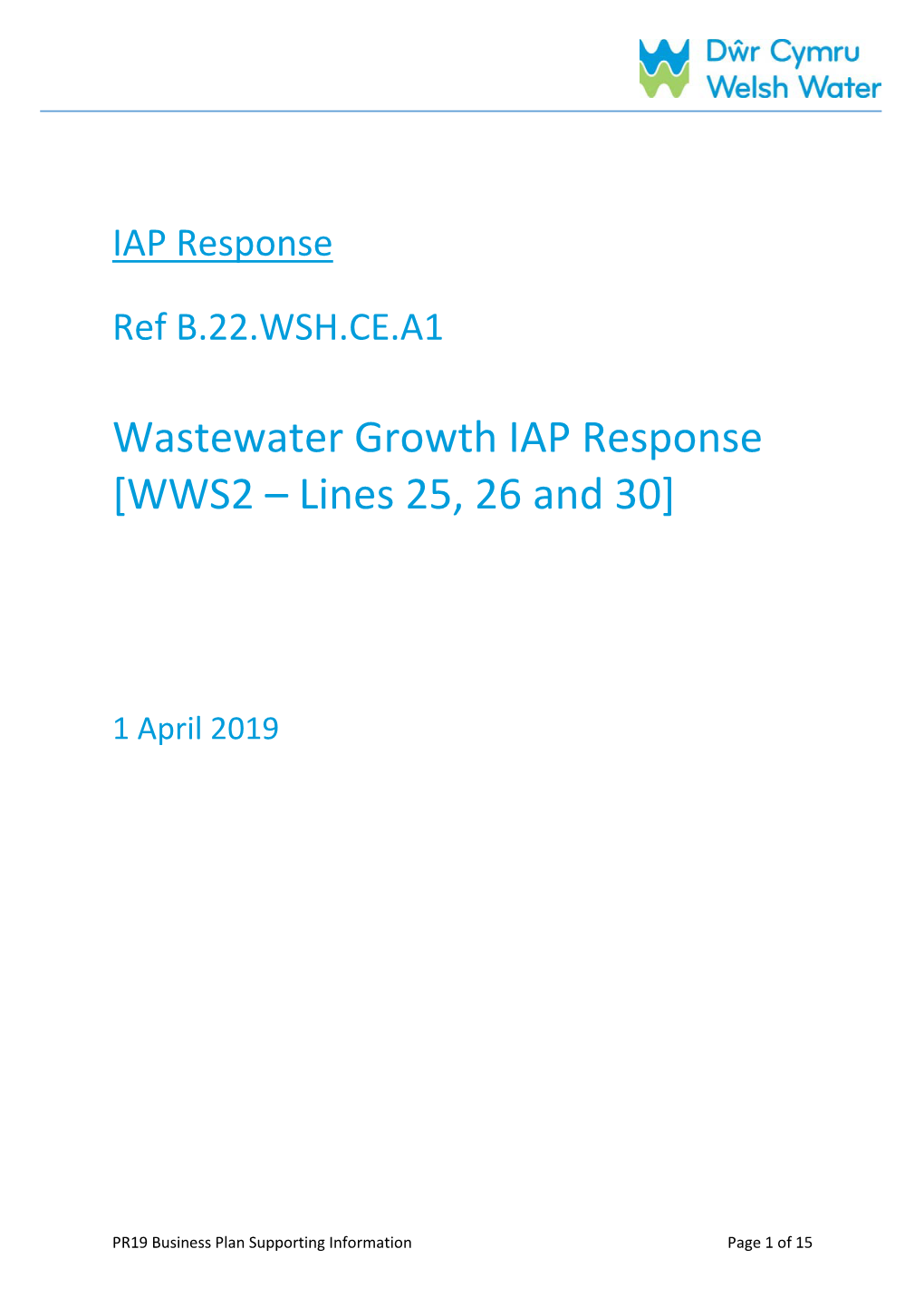 Wastewater Growth IAP Response [WWS2 – Lines 25, 26 and 30]