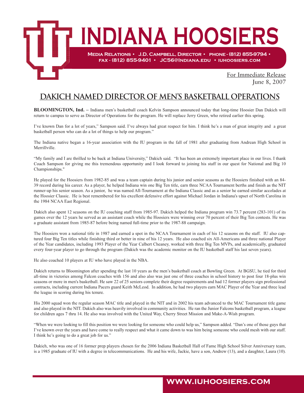 Dakich Named Director of Men's Basketball Operations