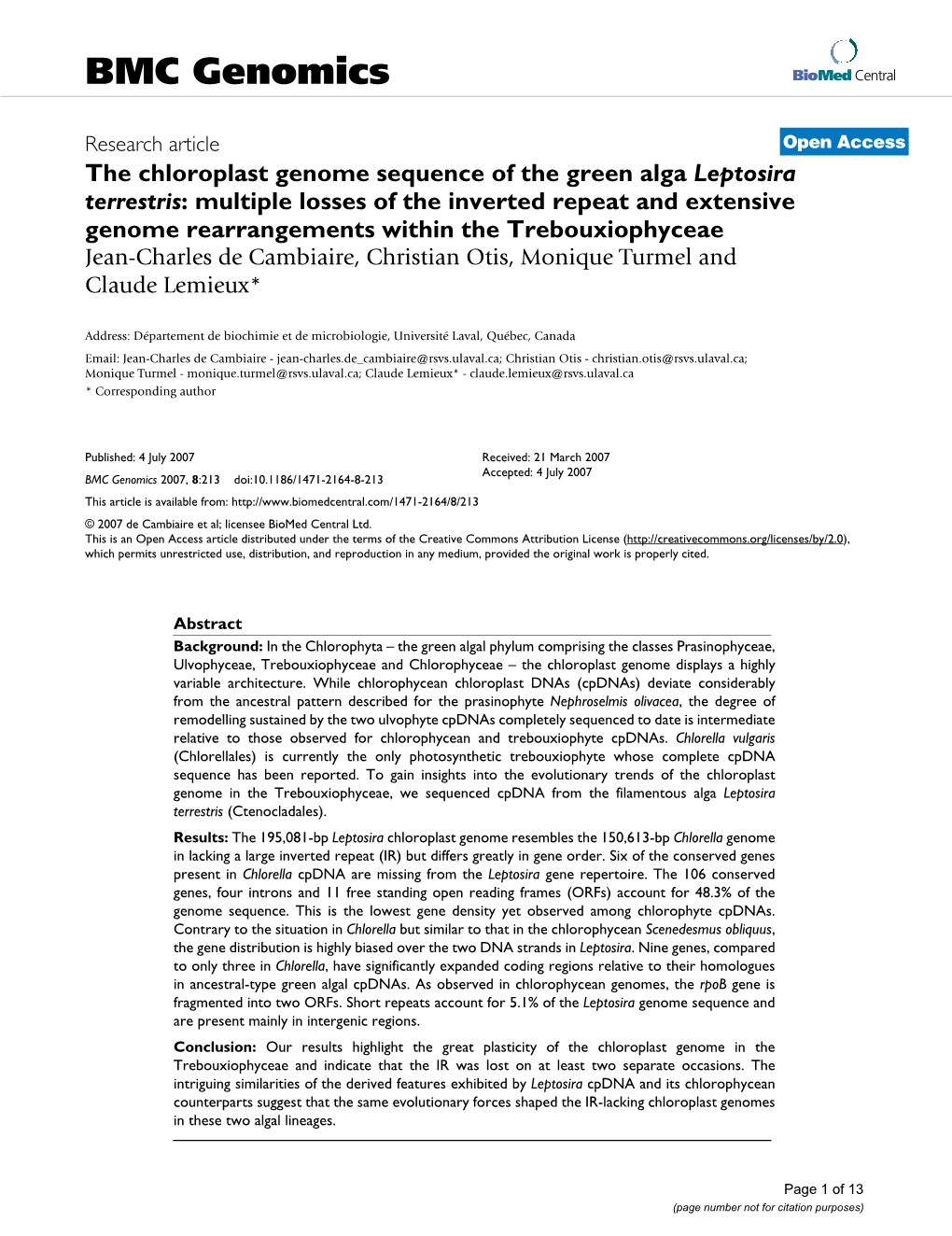 The Chloroplast Genome Sequence of the Green Alga Leptosira Terrestris