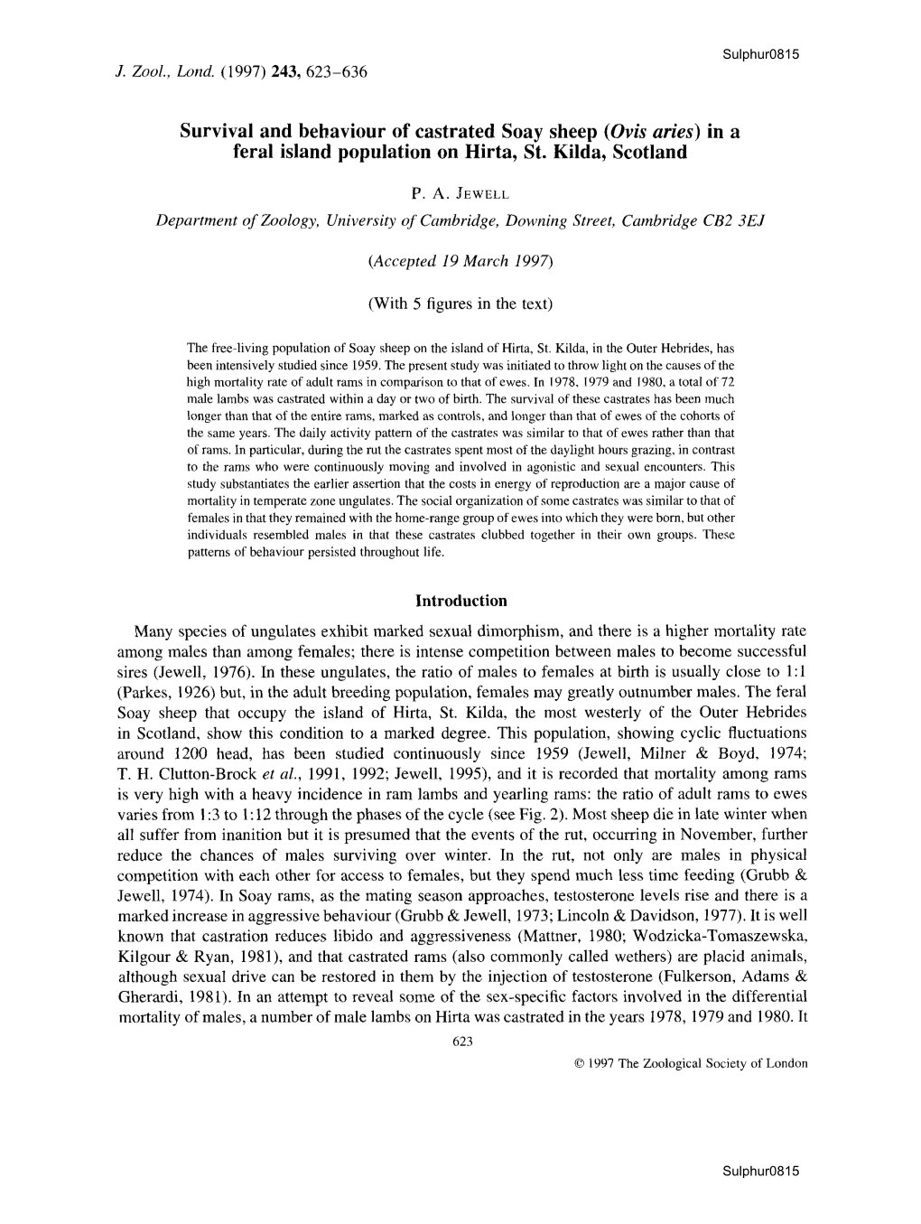 Survival and Behaviour of Castrated Soay Sheep (Ovis Aries) in a Feral Island Population on Hirta, St