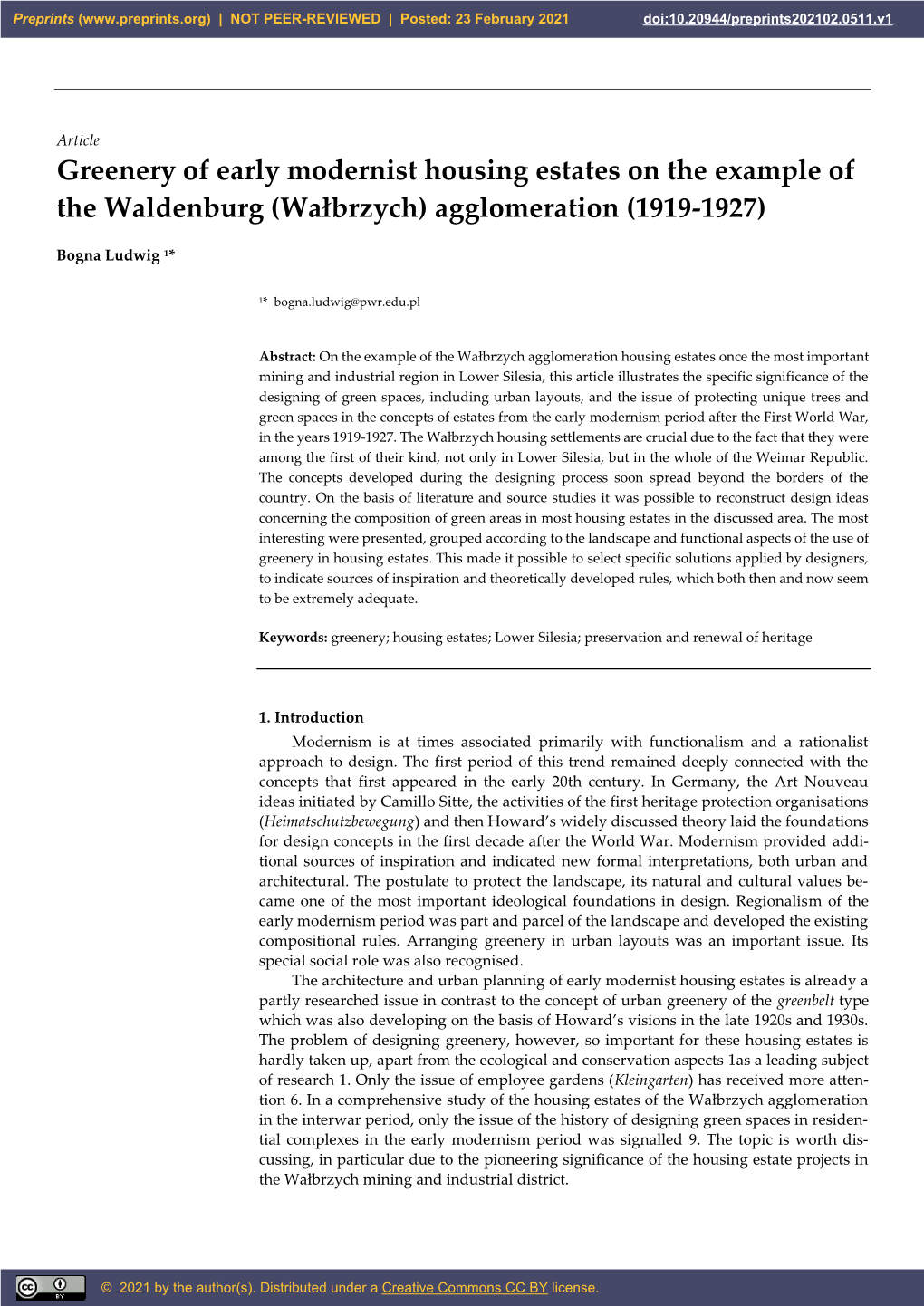 Greenery of Early Modernist Housing Estates on the Example of the Waldenburg (Wałbrzych) Agglomeration (1919-1927)