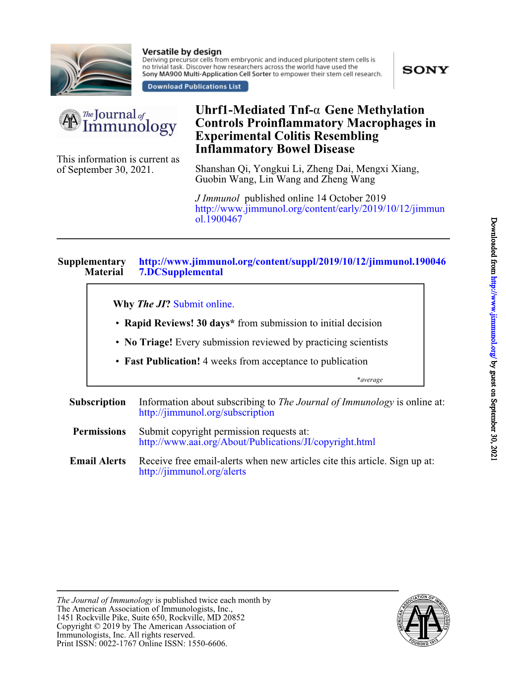 Uhrf1-Mediated Tnf-Α Gene Methylation Controls
