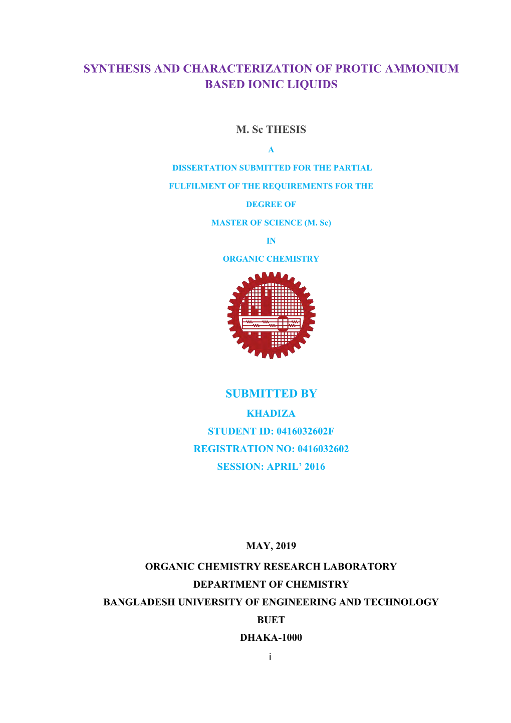 Synthesis and Characterization of Protic Ammonium Based Ionic Liquids