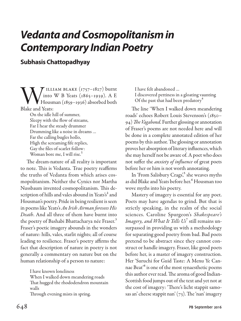 Vedanta and Cosmopolitanism in Contemporary Indian Poetry Subhasis Chattopadhyay