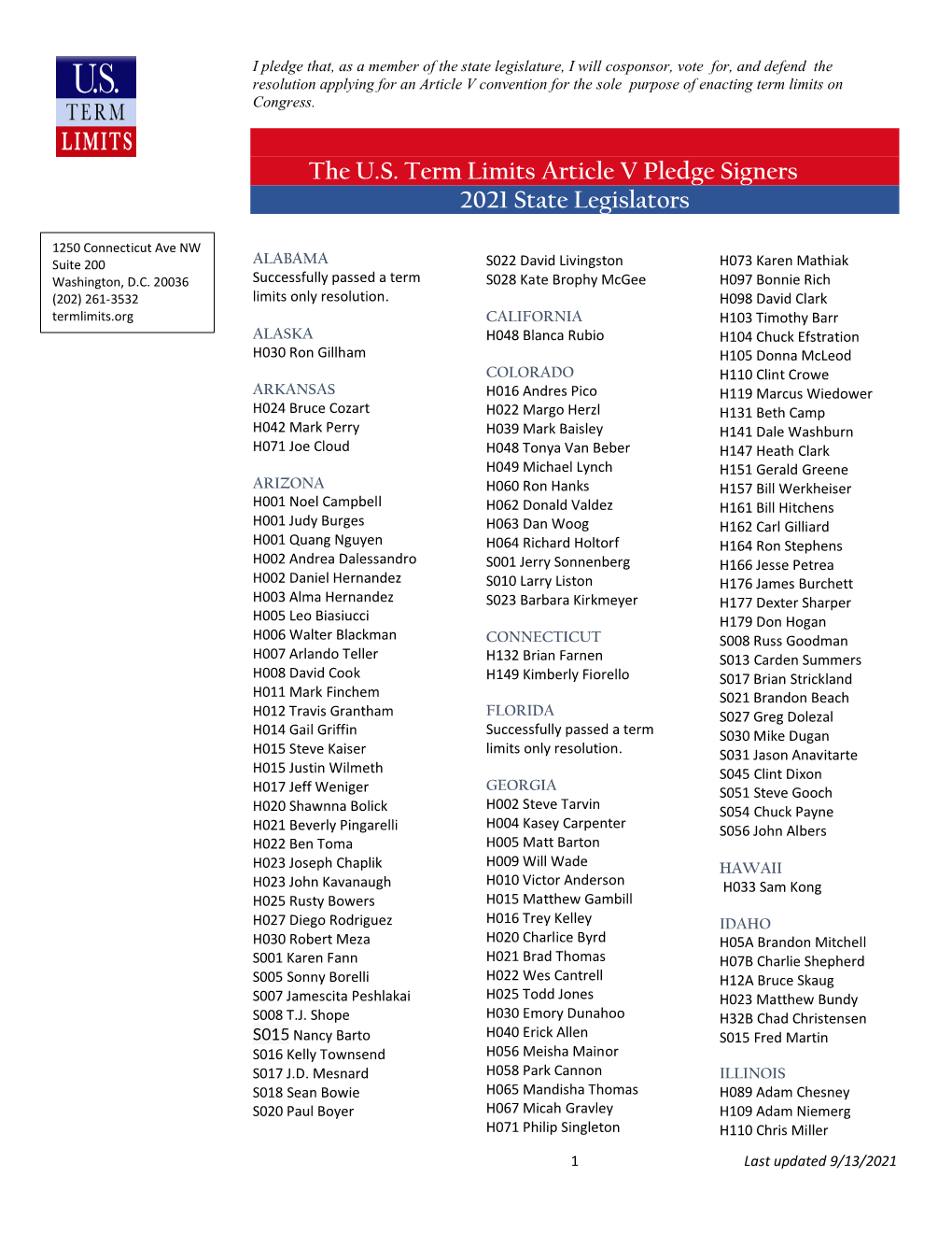 2021 State Legislator Pledge Signers